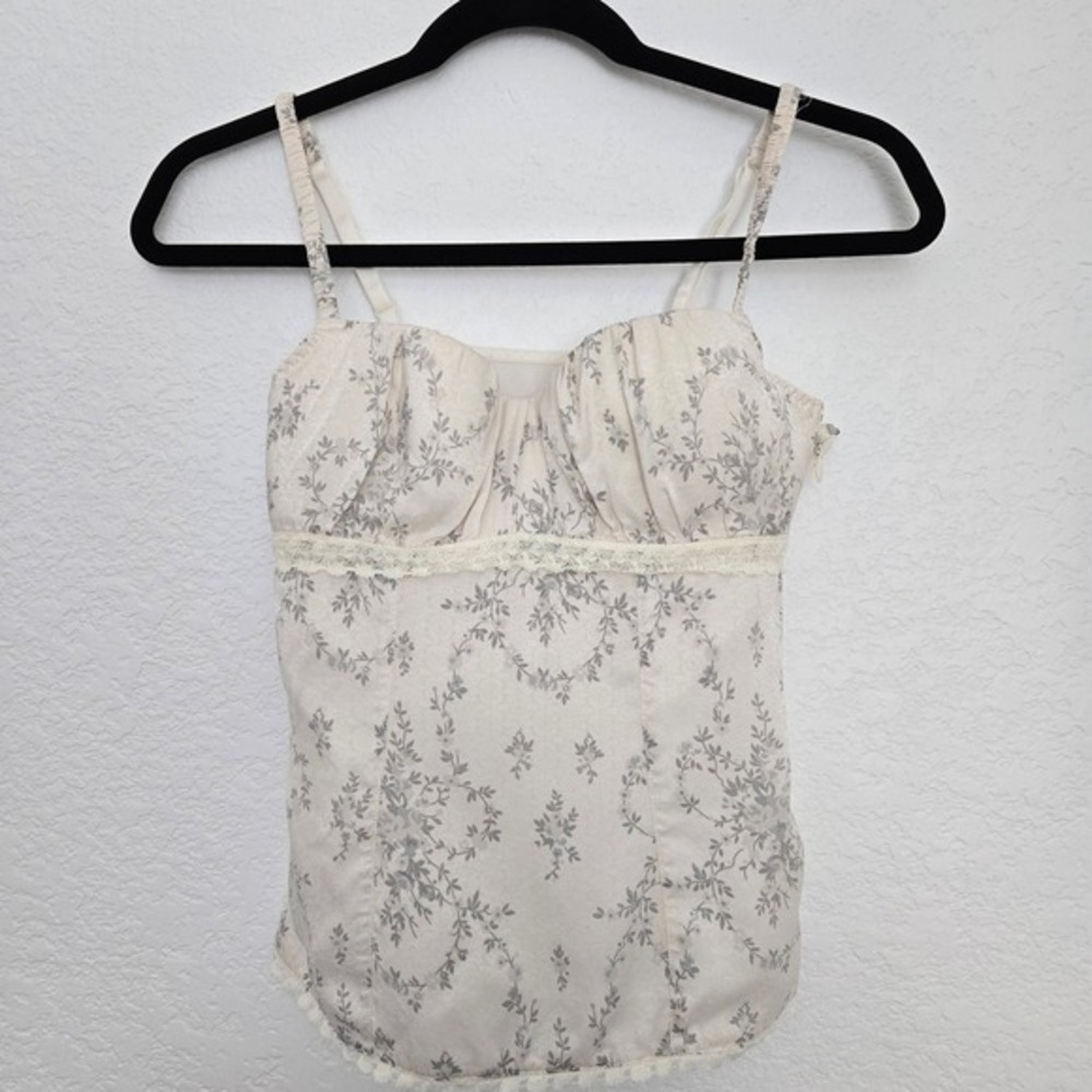 Womens XS Floral Lace Trim Y2K Corset Cami Top Sleeveless‎ Ivory Babydoll